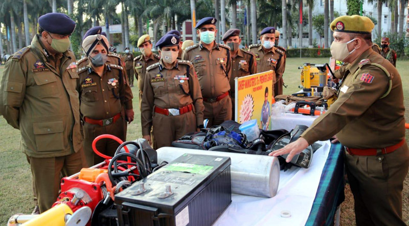 Danesh Rana, ADGP Commandant General HG/CD & SDRF J&K inspecting equipments during Raising Day celebrations.
