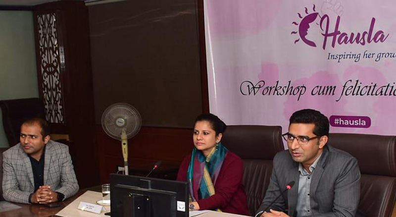 Dignitaries and participants at a workshop for women entrepreneurship in Jammu on Thursday.