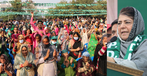 Former Chief Minister Mehbooba Mufti addressing a rally in Jammu. -Excelsior/Rakesh Former Chief Minister Mehbooba Mufti addressing a rally in Jammu. -Excelsior/Rakesh