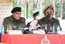 IG BSF Jammu D K Boora addressing a press conference in Jammu on Monday.