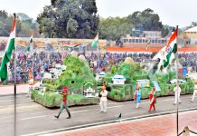 Jammu and Kashmir tableau on display during the full dress rehearsal of the Republic Day Parade-2022, at the Rajpath in New Delhi on Sunday. (UNI)