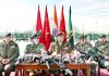 IGP Vijay Kumar,GOC Victor Force Maj Gen P Srivastava along with other police and Army officials during press conference at Shopian on Sunday. Another pic on page 9. -Excelsior/Younis Khaliq