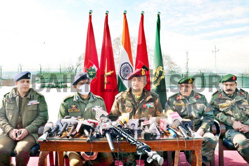 IGP Vijay Kumar,GOC Victor Force Maj Gen P Srivastava along with other police and Army officials during press conference at Shopian on Sunday. Another pic on page 9. -Excelsior/Younis Khaliq