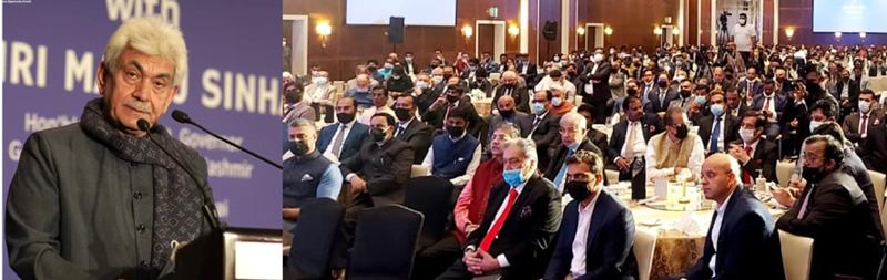 Lieutenant Governor Manoj Sinha addressing the business leaders in Dubai on Thursday. Lieutenant Governor Manoj Sinha addressing the business leaders in Dubai on Thursday.