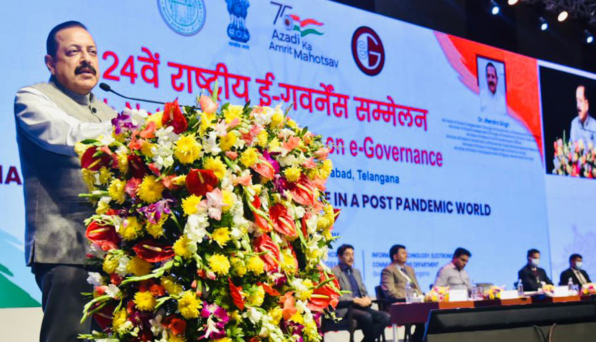 Union Minister Dr Jitendra Singh delivering the inaugural address at the 24th Conference on e-Governance, at Hyderabad on Friday.