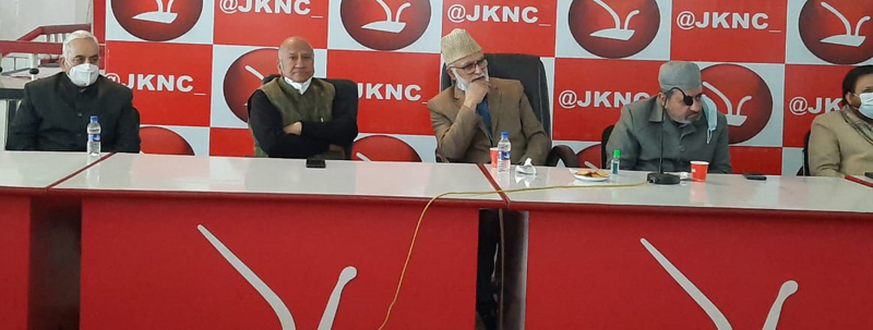 NC general secretary Ali Mohd Sagar addressing party meeting in Jammu on Friday.