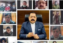 Union Minister Dr Jitendra Singh  holding a virtual meeting with DDC Chairpersons, Deputy Commissioners and SSPs of six districts falling in Udhampur-Kathua-Doda Lok Sabha Constituency, on Sunday.