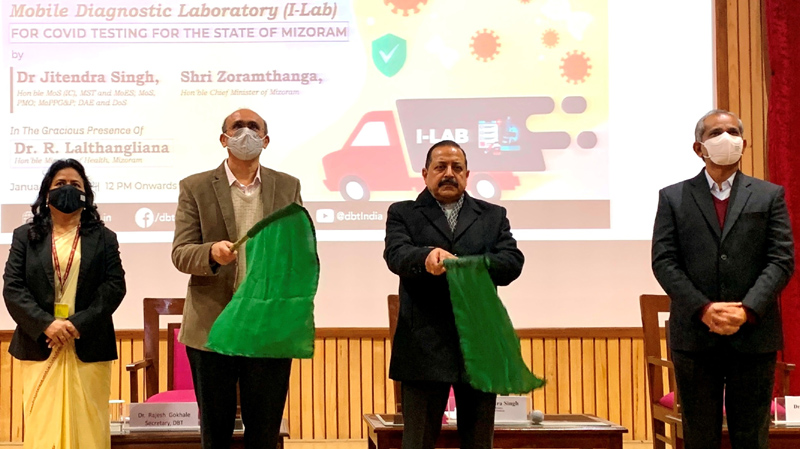 Union Minister Dr Jitendra Singh flagging off the first of its kind Mobile COVID testing laboratory for Northeast. Also seen is Secretary Biotechnology Dr Rajesh Gokhale.