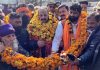 Senior BJP leader Devender Singh Rana being greeted by party workers during meeting at Barn in Kot Bhalwal area of Jammu.