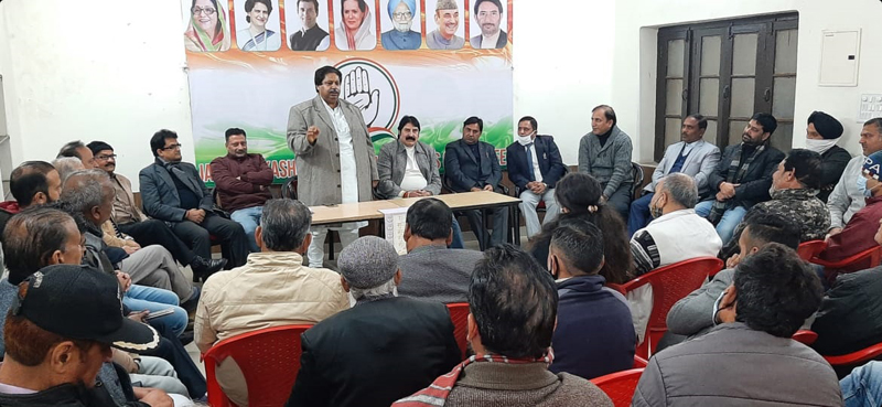 PCC working president, Raman Bhalla addressing party workers’ meeting in Jammu on Monday. PCC working president, Raman Bhalla addressing party workers’ meeting in Jammu on Monday.