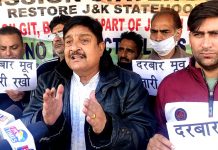 MSJK leader, Sunil Dimple addressing a press conference at Jammu on Monday.