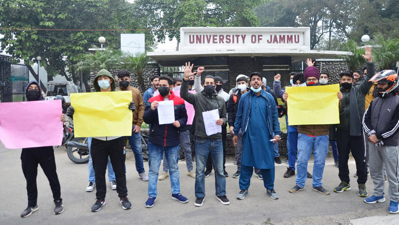 NSUI activists protesting for online examinations by Jammu University. NSUI activists protesting for online examinations by Jammu University.