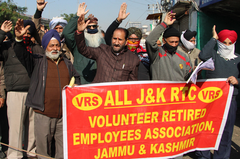 VRS given JKRTC workers staging protest demonstration near Press Club in Jammu on Tuesday. -Excelsior/ Rakesh VRS given JKRTC workers staging protest demonstration near Press Club in Jammu on Tuesday. -Excelsior/ Rakesh