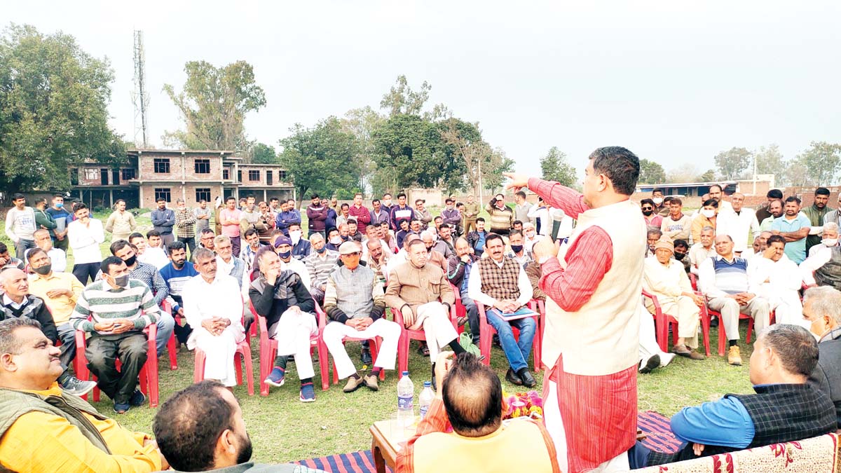 MP Jugal Kishore Sharma addressing a public gathering at Akhnoor on Thursday. MP Jugal Kishore Sharma addressing a public gathering at Akhnoor on Thursday.
