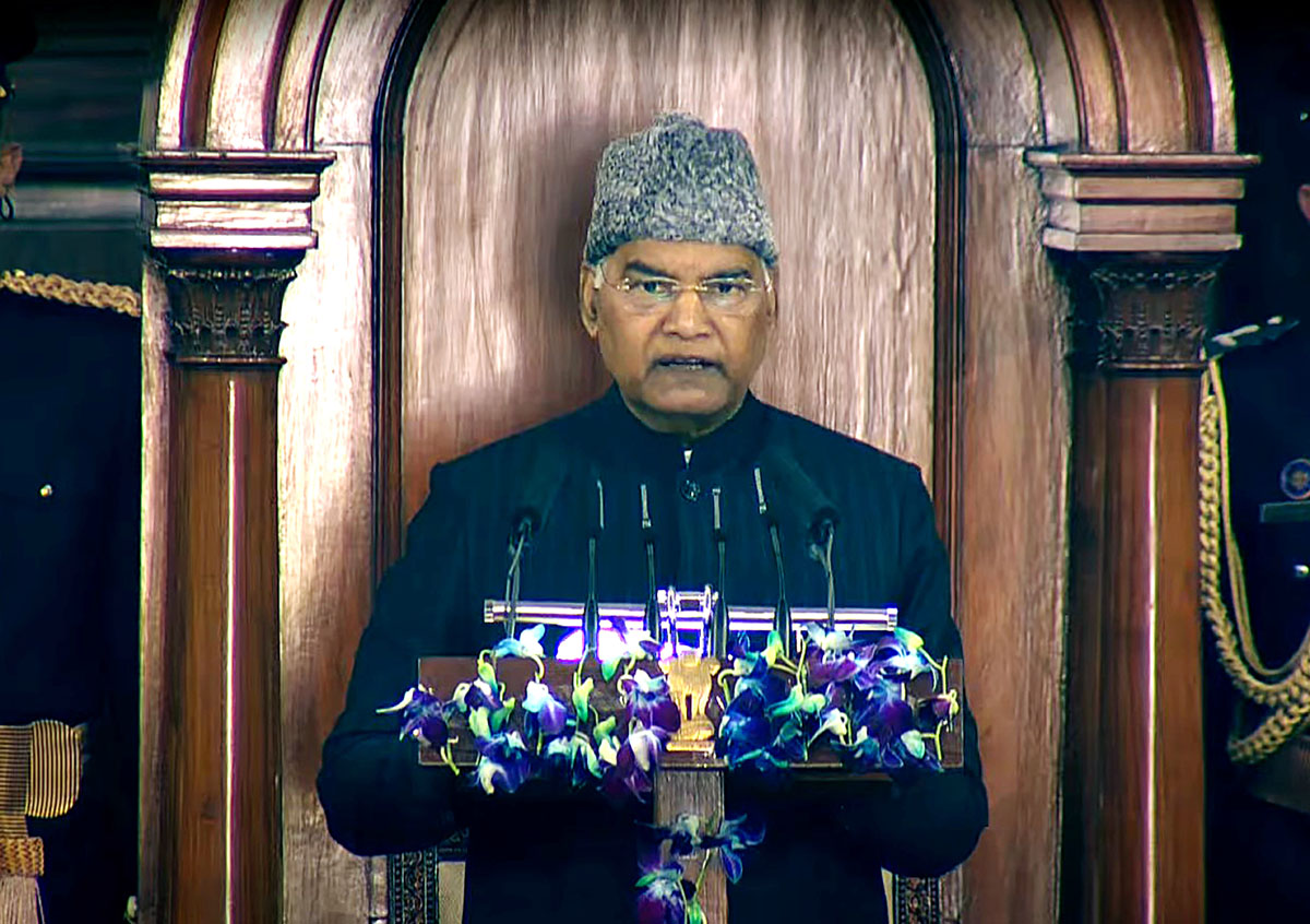President Ram Nath Kovind addressing joint sitting of both the Houses on the first day of Budget Session at the Central Hall of Parliament House in New Delhi on Monday. (UNI) President Ram Nath Kovind addressing joint sitting of both the Houses on the first day of Budget Session at the Central Hall of Parliament House in New Delhi on Monday. (UNI)