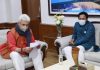Lt Governor of Manoj Sinha at a meeting with Union Tourism and Culture Minister G Kishan Reddy in Delhi on Tuesday.