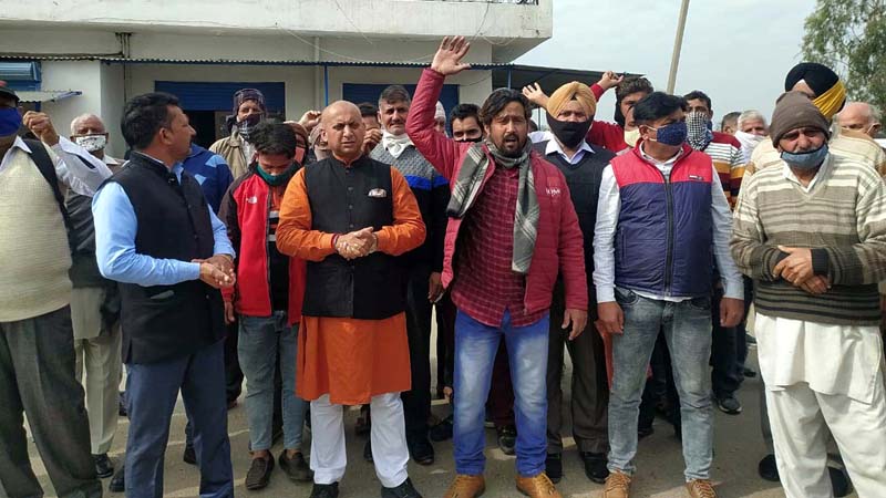 Panches and Sarpanches staging protest in Arnia on Monday. Panches and Sarpanches staging protest in Arnia on Monday.