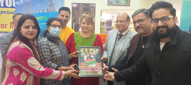 Subha Mehta, General Manager, DIC, Jammu, Zorawar Singh and others releasing Dogri song at Jammu Haat on Tuesday.