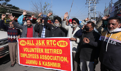 JKRTC workers staging protest at press club Jammu. —Excelsior/Rakesh JKRTC workers staging protest at press club Jammu. —Excelsior/Rakesh