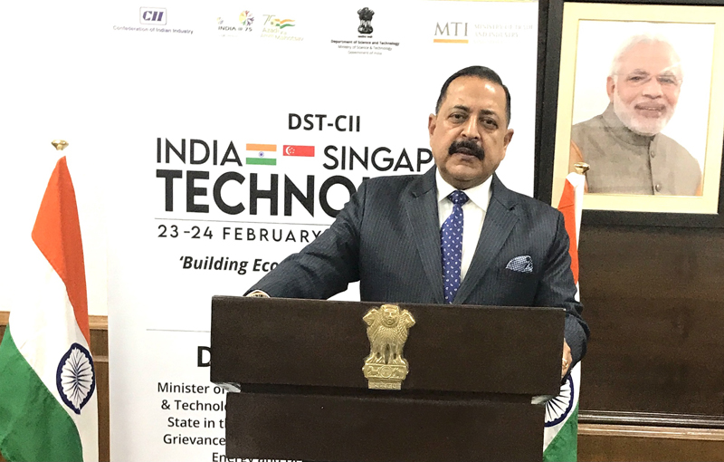 Union Minister Dr Jitendra Singh addressing the inaugural session of the two-day DST-CII India-Singapore Technology Summit, on Wednesday.