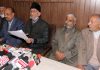 Veteran Trade Union leader Sampat Parkash and others addressing joint press conference in Jammu on Wednesday. —Excelsior/Rakesh