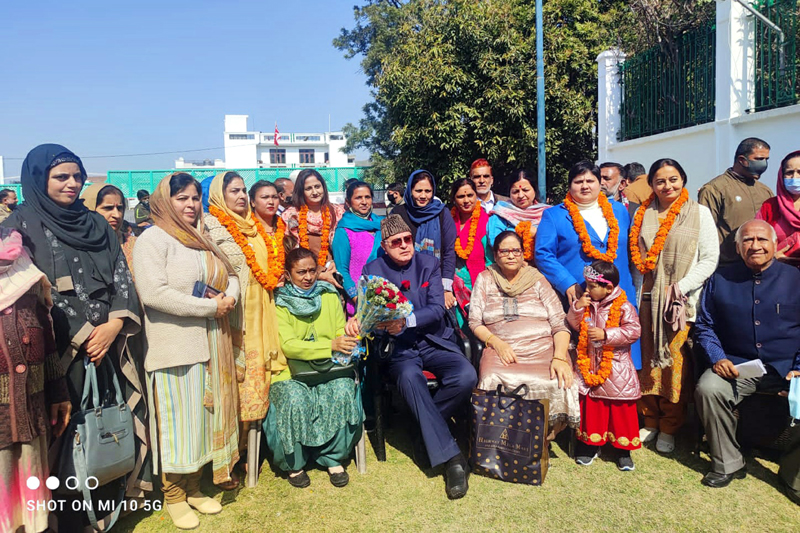 NC president, Dr Farooq Abdullah at women wing function of the party in Jammu on Sunday.