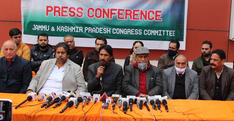 PCC leader GA Mir, flanked by senior leaders addressing press conference in Jammu on Wednesday. -Excelsior/Rakesh