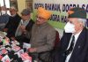 Dogra Sadar Sabha leader Th Gulchain Singh Charak, flanked by others addressing a press conference in Jammu on Saturday. -Excelsior/Rakesh