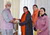 Lt Governor Manoj Sinha with Chairperson and Vice Chairpersons of BBBP Abhiyan in Jammu on Sunday.