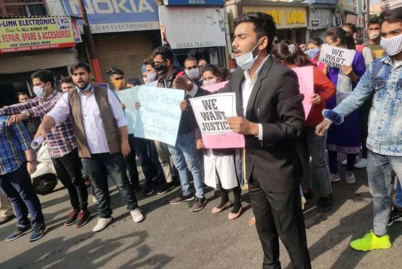 page5-3 NSUI activists during a protest at Jammu on Saturday.