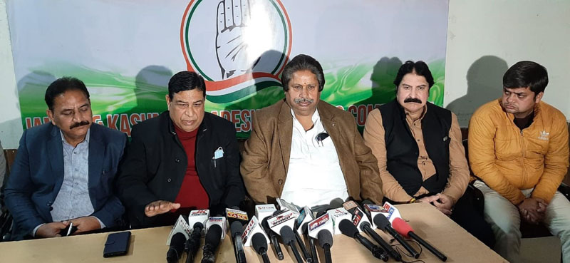 Senior Congress leaders addressing press conference in Jammu on Tuesday. Senior Congress leaders addressing press conference in Jammu on Tuesday.