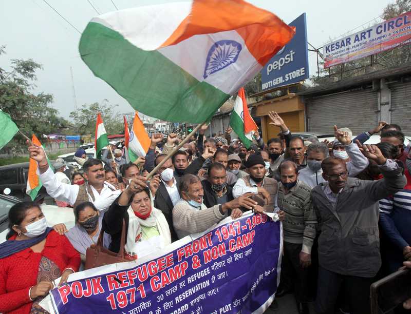 PoJK DPs staging protest demonstration in Jammu on Friday. -Excelsior/Rakesh