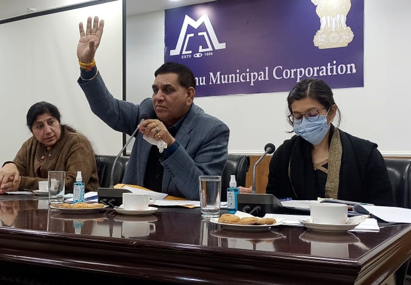 JMC Mayor, Chander Mohan Gupta flanked by Dy Mayor, Purnima Sharma and Commissioner JMC, Avny Lavasa at a special session of JMC General House in Jammu on Monday. JMC Mayor, Chander Mohan Gupta flanked by Dy Mayor, Purnima Sharma and Commissioner JMC, Avny Lavasa at a special session of JMC General House in Jammu on Monday.