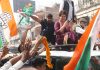 Congress General Secretary Priyanka Gandhi greeting supporters during a roadshow in support of party candidate for Uttar Pradesh assembly election, in Prayagraj on Friday. UNI