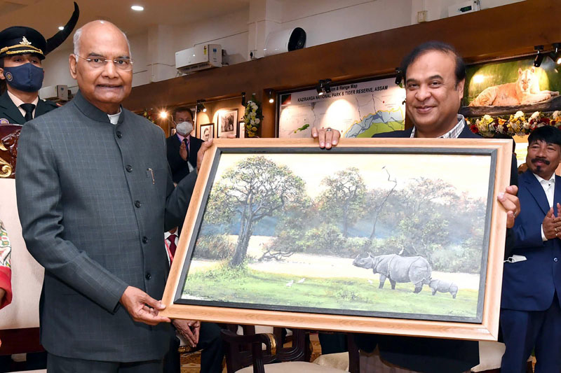 President Ram Nath Kovind being presented a memento by Assam Chief Minister Himanta Biswa Sarmah at the inauguration of exhibition on Kaziranga National Park and Tiger Reserve in Guwahati on Sunday. (UNI) President Ram Nath Kovind being presented a memento by Assam Chief Minister Himanta Biswa Sarmah at the inauguration of exhibition on Kaziranga National Park and Tiger Reserve in Guwahati on Sunday. (UNI)