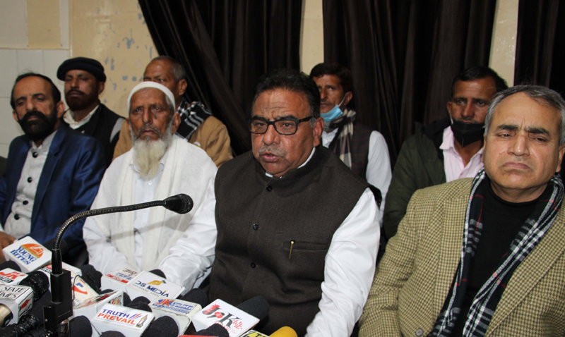 Ch Hamid and others addressing joint press conference at Jammu on Tuesday. -Excelsior/Rakesh