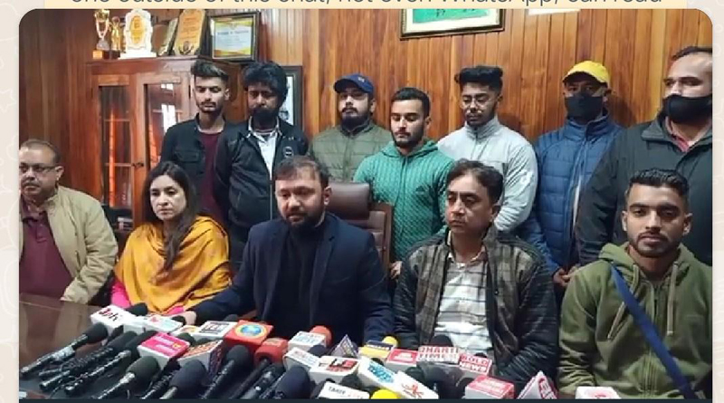 page8-2 IkkJutt Jammu president Ankur Sharma and other office bearers during a press conference.