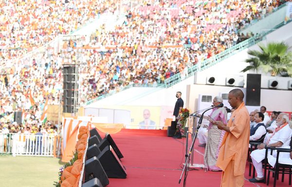 PM attending the oath taking ceremony of Yogi Adityanath as Chief Minister of Uttar Pradesh, in Lucknow on March 25, 2022.