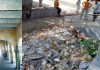 Poorly maintained waiting hall (L) and heap of debris (R) at Jogi Gate Cremation Ground.