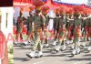Lieutenant Governor Manoj Sinha taking salute at the BSF passing out parade at STC Udhampur on Sunday. —Excelsior/K Kumar