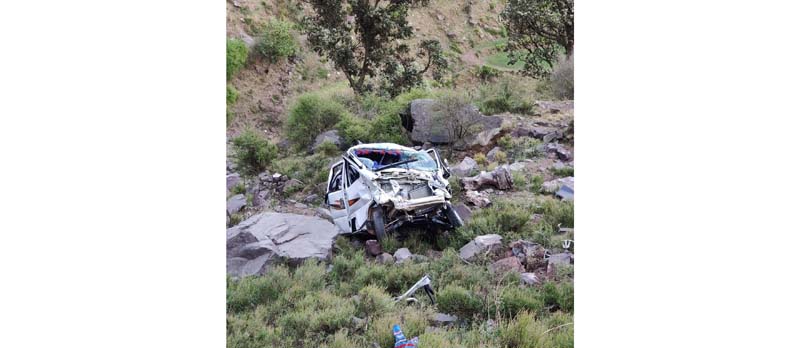 Wreckage of car in the gorge after accident near Ramnagar on Thursday. -Excelsior/K. Kumar Wreckage of car in the gorge after accident near Ramnagar on Thursday. -Excelsior/K. Kumar