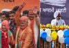 UP CM Yogi Adityanath and senior BJP leaders celebrate the party victory in Lucknow (left) while AAP CM candidate Bhagwant Maan hugs his mother after party’s landslide victory in Punjab (right) on Thursday. (UNI)