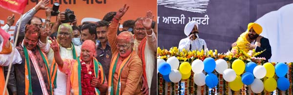 UP CM Yogi Adityanath and senior BJP leaders celebrate the party victory in Lucknow (left) while AAP CM candidate Bhagwant Maan hugs his mother after party’s landslide victory in Punjab (right) on Thursday. (UNI)