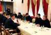 Russian and Ukrainian delegations during a meeting for negotiations between two countries, at Belarusian border city of Gomel on Monday. (UNI).