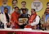 BJP national president J P Nadda being honoured by BJP chief Ravinder Raina in presence of Dr Jitendra Singh and Tarun Chug at Katra on Monday. —Excelsior/Romesh Mengi
