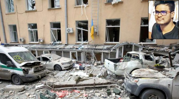 A view shows a courtyard of the regional administration building, which city officials said was hit by a missile attack in central Kharkiv, Ukraine on Tuesday. (Inset) killed Indian student.