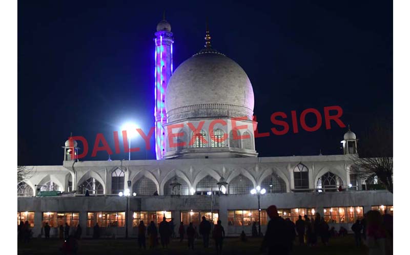 Hazratbal Shrine illuminated on Shab-e-Meraj in Srinagar on Monday. -Excelsior/Shakeel Hazratbal Shrine illuminated on Shab-e-Meraj in Srinagar on Monday. -Excelsior/Shakeel