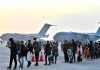 Students who were evacuated from Ukraine, upon their arrival at Hindon Air Force Station by Indian Air Force C-17 Globemaster in Ghaziabad on Thursday. (UNI)