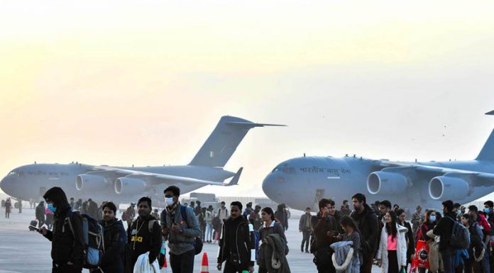 Students who were evacuated from Ukraine, upon their arrival at Hindon Air Force Station by Indian Air Force C-17 Globemaster in Ghaziabad on Thursday. (UNI)