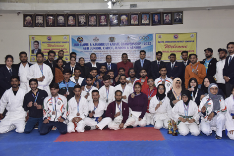 Dignitaries and players posing for a group photograph at Mahajan Hall Jammu during closing ceremony of Karate Championship. Dignitaries and players posing for a group photograph at Mahajan Hall Jammu during closing ceremony of Karate Championship.